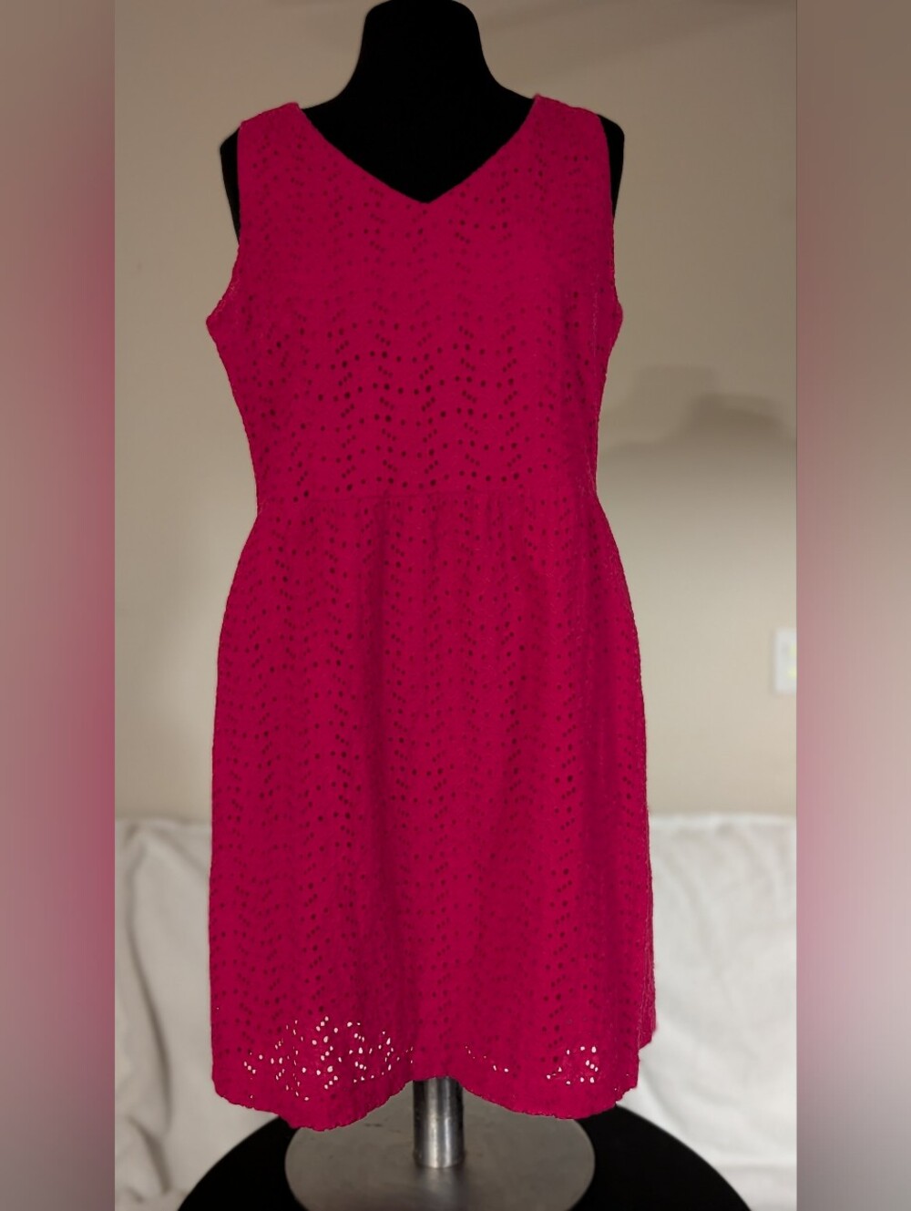 L.L. Bean Fuchsia Eyelet Sleeveless V-Neck Mini Dress